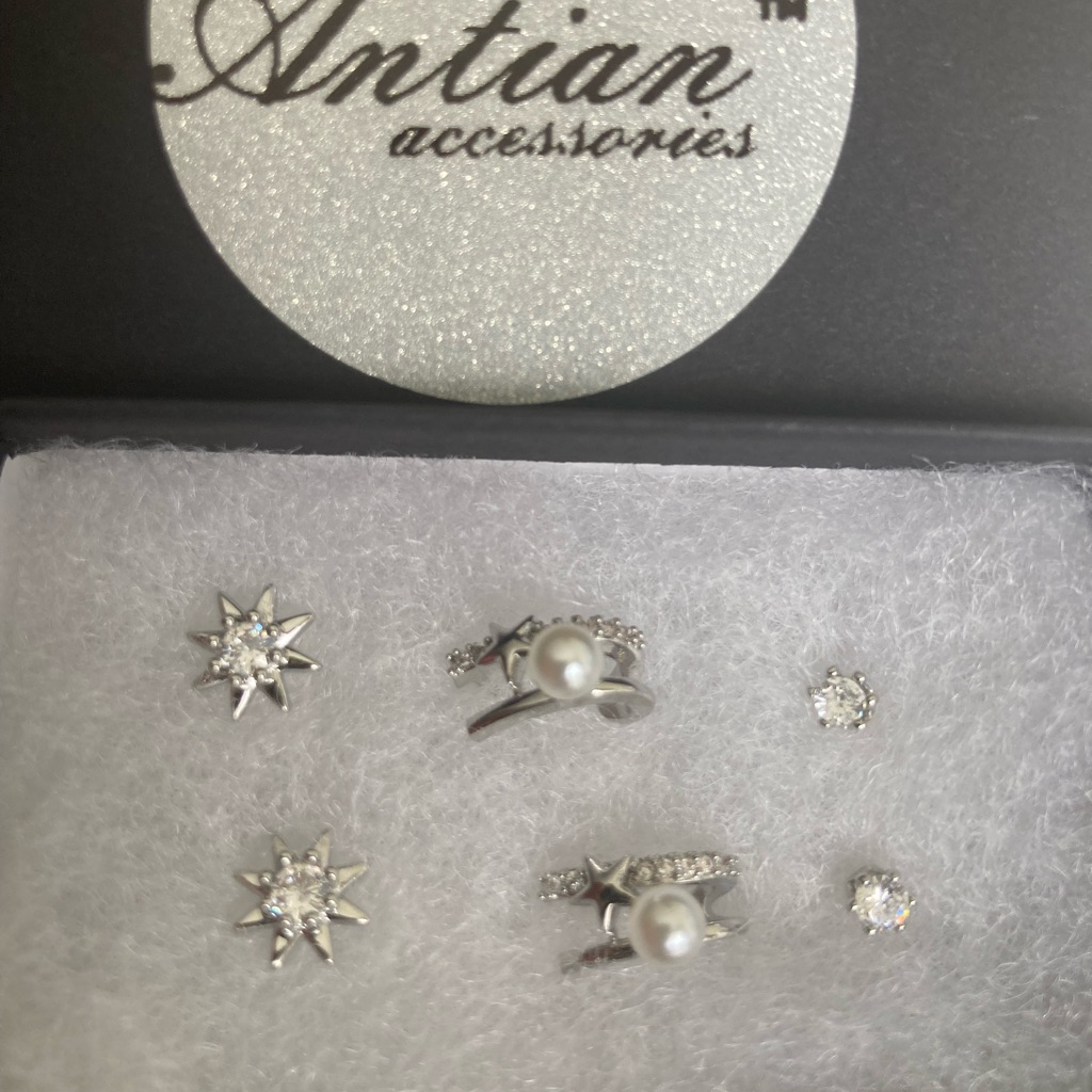 Antian Accessories 3 Pair Earring Set Pearl Hoops Star Zircon Studs Cz